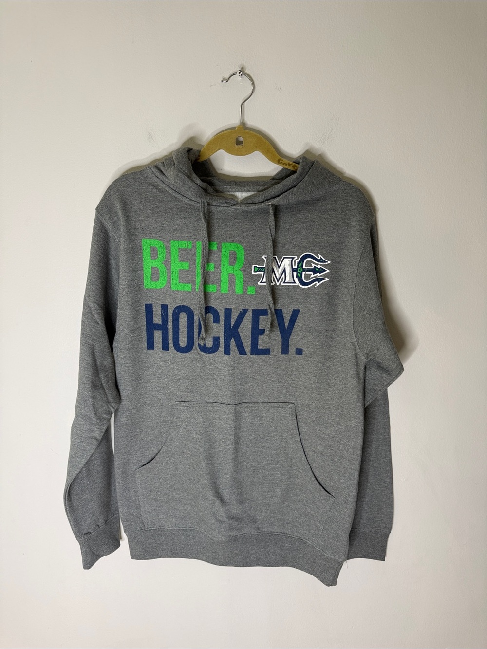 Maine Mariners Gray Hoodie with Green & Blue 'BEER HOCKEY' Graphic Small